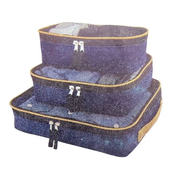 Set of 3 Light Weight Canvas Blue with Brown Trim Travel Bags - Picture 2 of 3